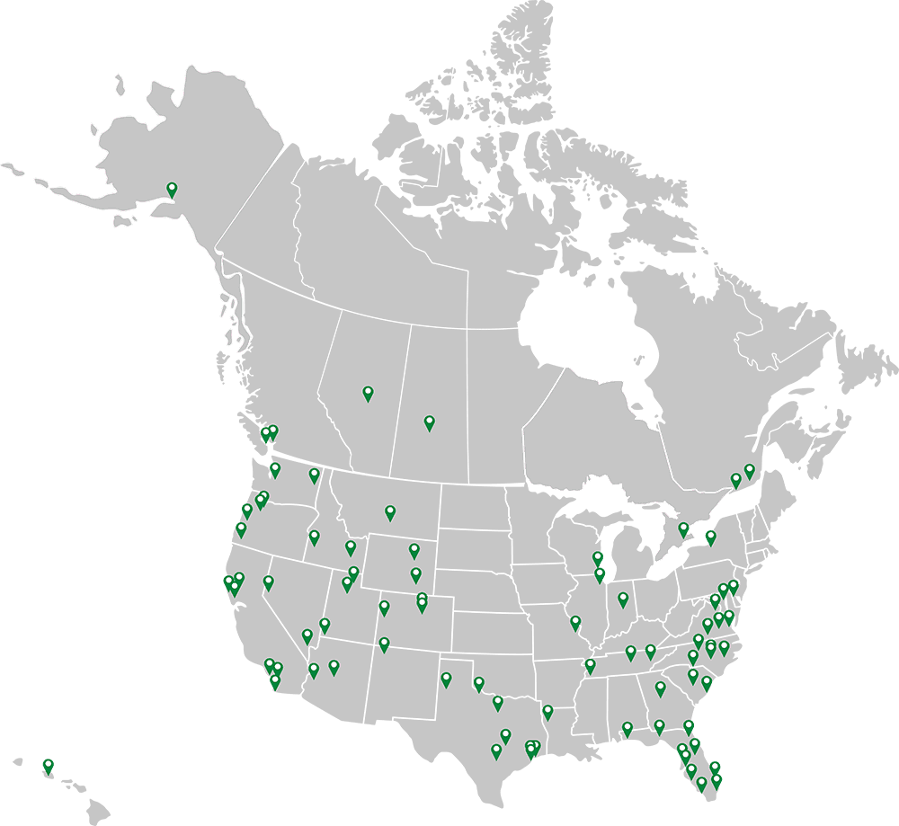 map of North America with Alsco Uniforms service locations