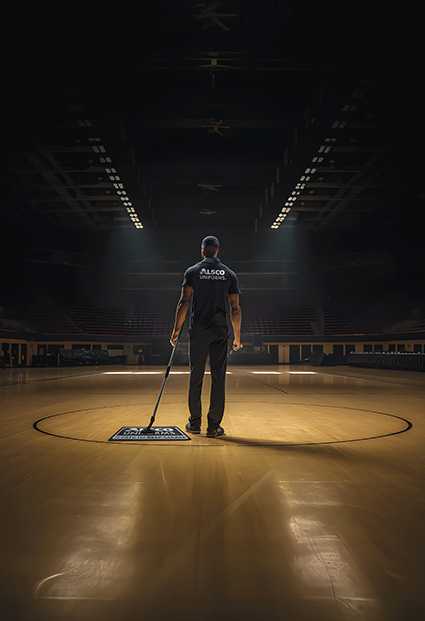 Man with mop wearing Alsco uniform